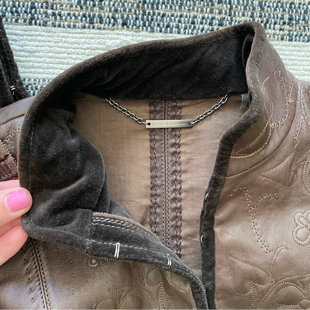 Elie Tahari Brown Floral Embroidered Embellished Leather Moto Jacket - Picture 10 of 16